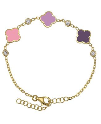 Girls Multi-Color Enamel Clovers and Cubic Zirconia Bezel Station Chain Link Bracelet in 14K