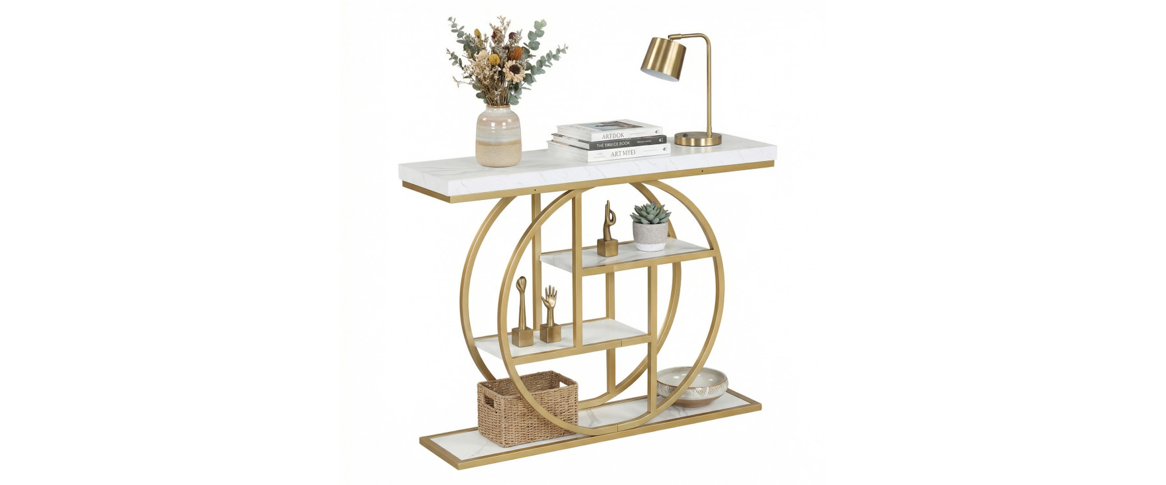 Sugift 41 Inch 4-Tier Console Table with O-Shaped Metal Frame and 3 Open Shelves