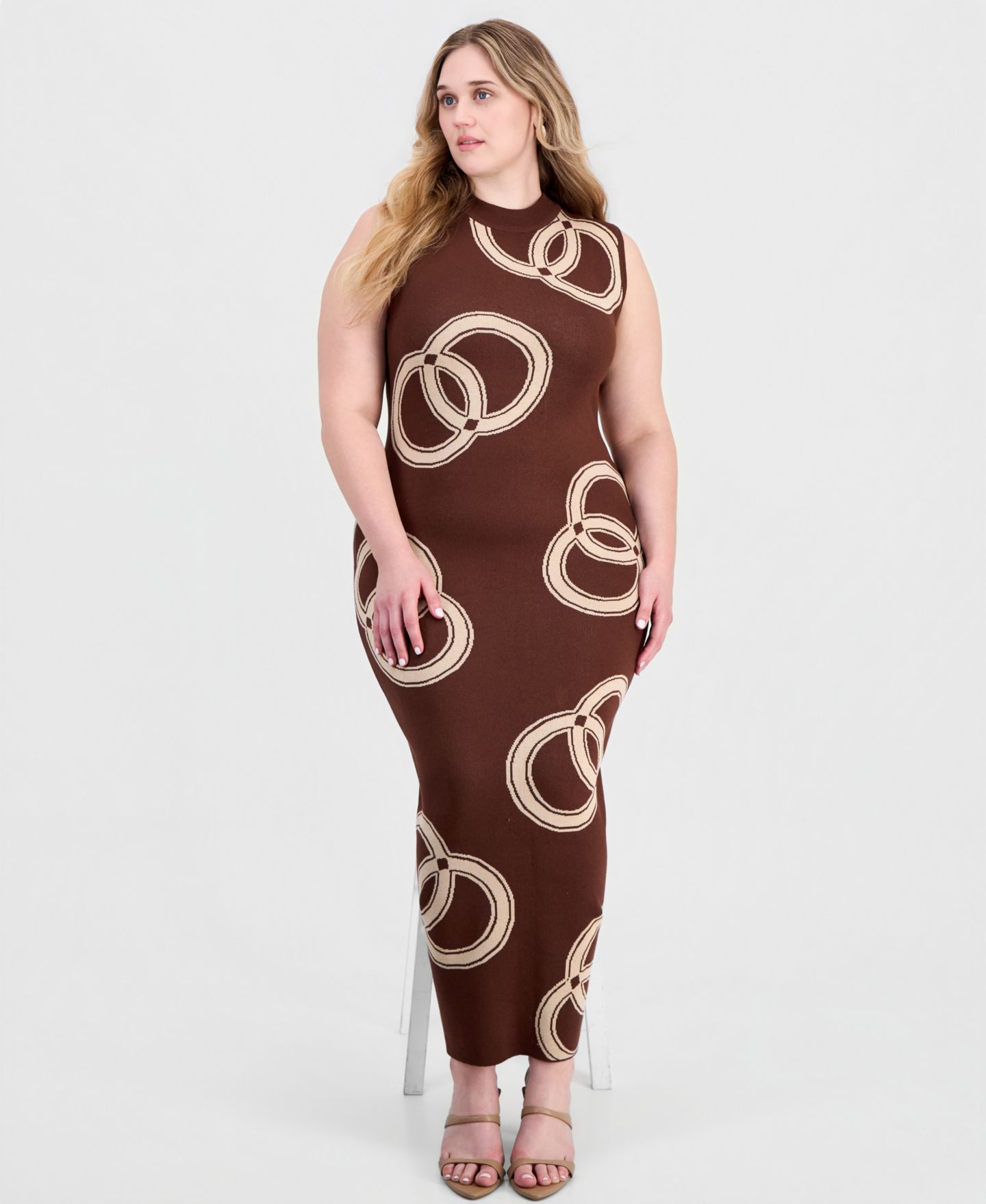 Женское платье FULL CIRCLE TRENDS Plus Size Sleeveless Mock Neck Jacquard Maxi, цвет: Коричневый комбинированный — фото 3