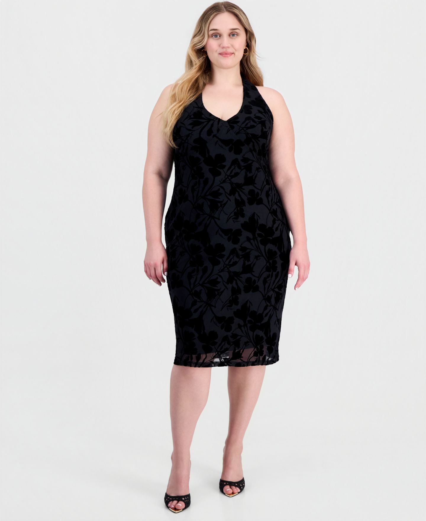 Женское платье FULL CIRCLE TRENDS Plus Size Flocked Mesh Halter Tie Neck Floral Midi, цвет: Чёрный с принтом — фото 1