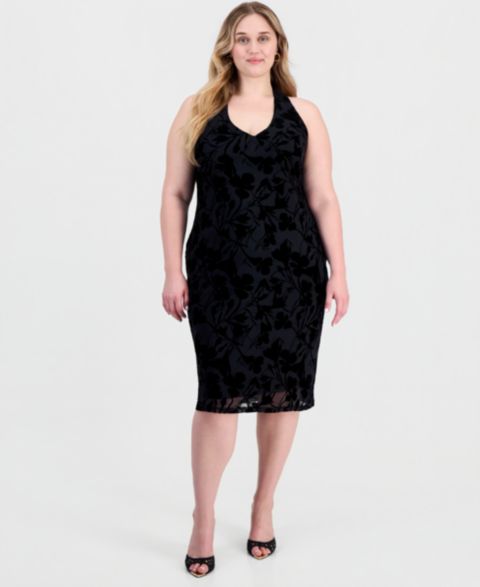 Женское платье FULL CIRCLE TRENDS Plus Size Flocked Mesh Halter Tie Neck Floral Midi, цвет: Чёрный с принтом