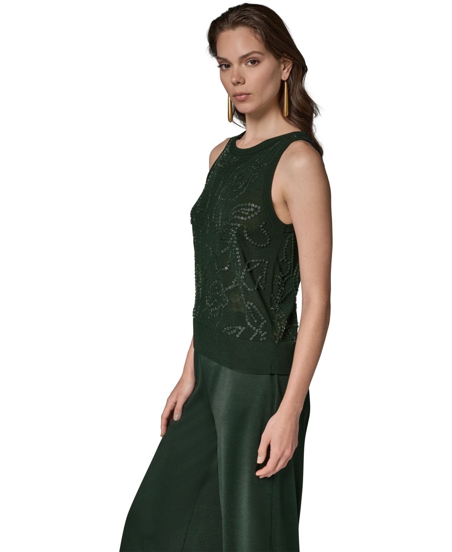 Женские топы Donna Karan New York Beaded Crewneck Sleeveless, цвет: Чёрный тёмно-зелёный — фото 4