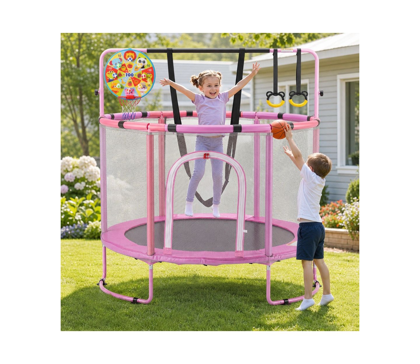 Детская игрушка SUGIFT 55" Kids Trampoline with Basketball Hoop & Adjustable Gymnastics Bar, Ages 3+, цвет: Фиолетовый — фото 2