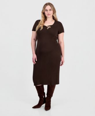Plus Size Square Neck Short-Sleeve Hardware-Detail Midi Dress