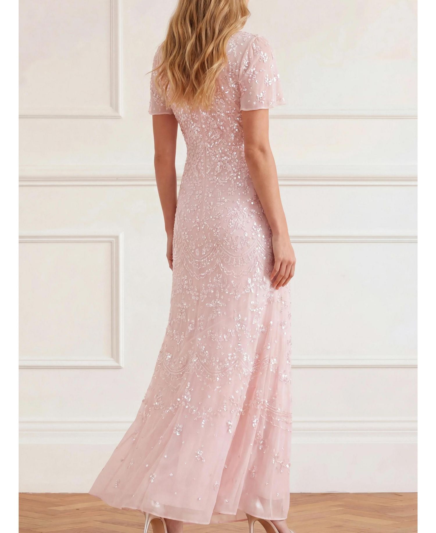 Women's Freya Georgette Sequin Flutter-Sleeve Maxi Gown