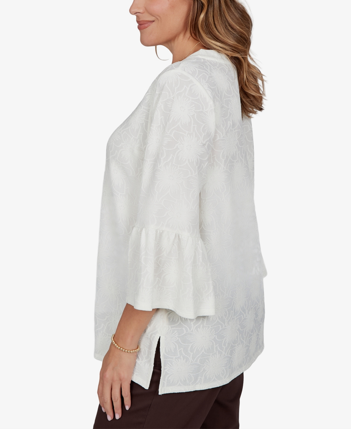 Ruby Rd. Plus Size V-neck Floral Bell-sleeve Blouse In White