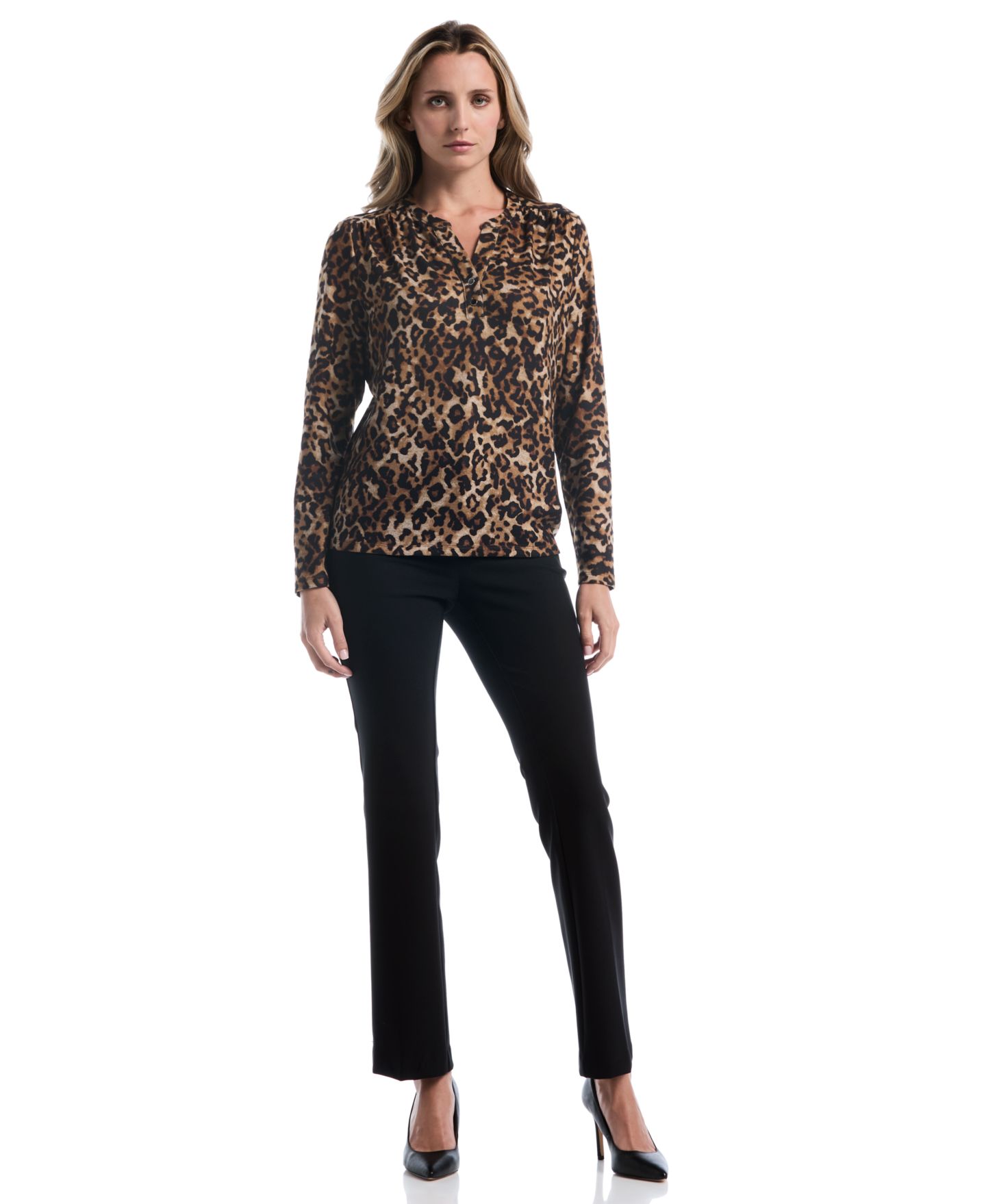 Женская блузка Rafaella Petite Leopard-Print Split-Neck Long-Sleeve, цвет: Monks Robe — фото 2