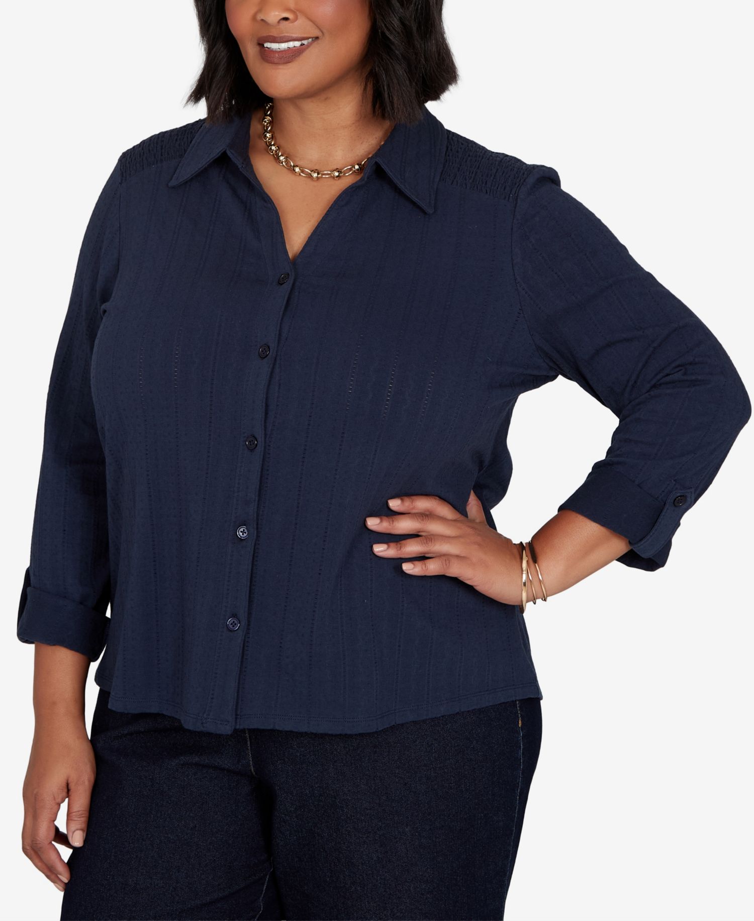 Plus Size Striped Roll-Tab Button-Front Blouse
