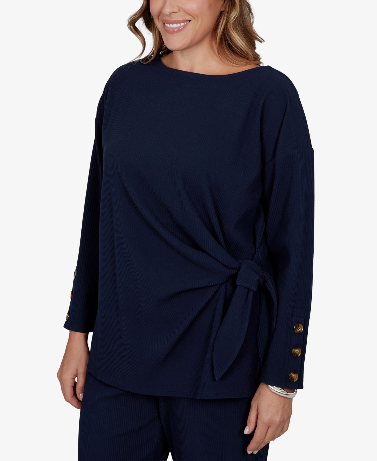 Plus Size Boat-Neck Long-Sleeve Side-Tie Top