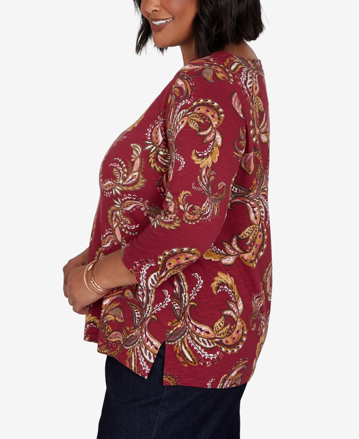Ruby Rd. Plus Size Paisley 3/4-sleeve Boat-neck T-shirt In Red