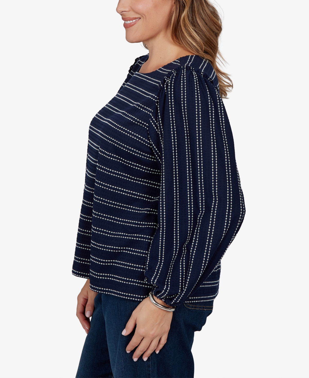 Ruby Rd. Plus Size Dobby Stripe Long-sleeve Boat Neck Blouse In Blue