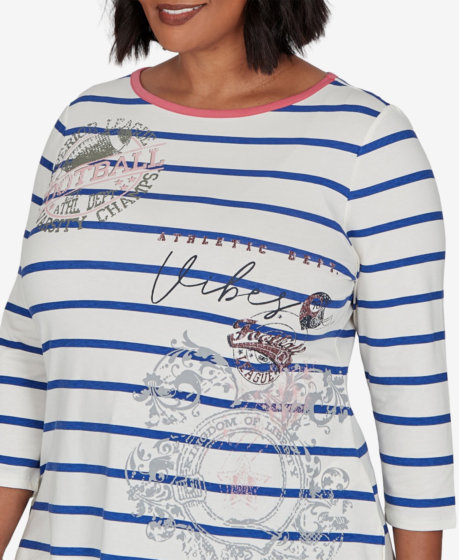 Plus Size Stripe Boat Neck 3/4-Sleeve Top