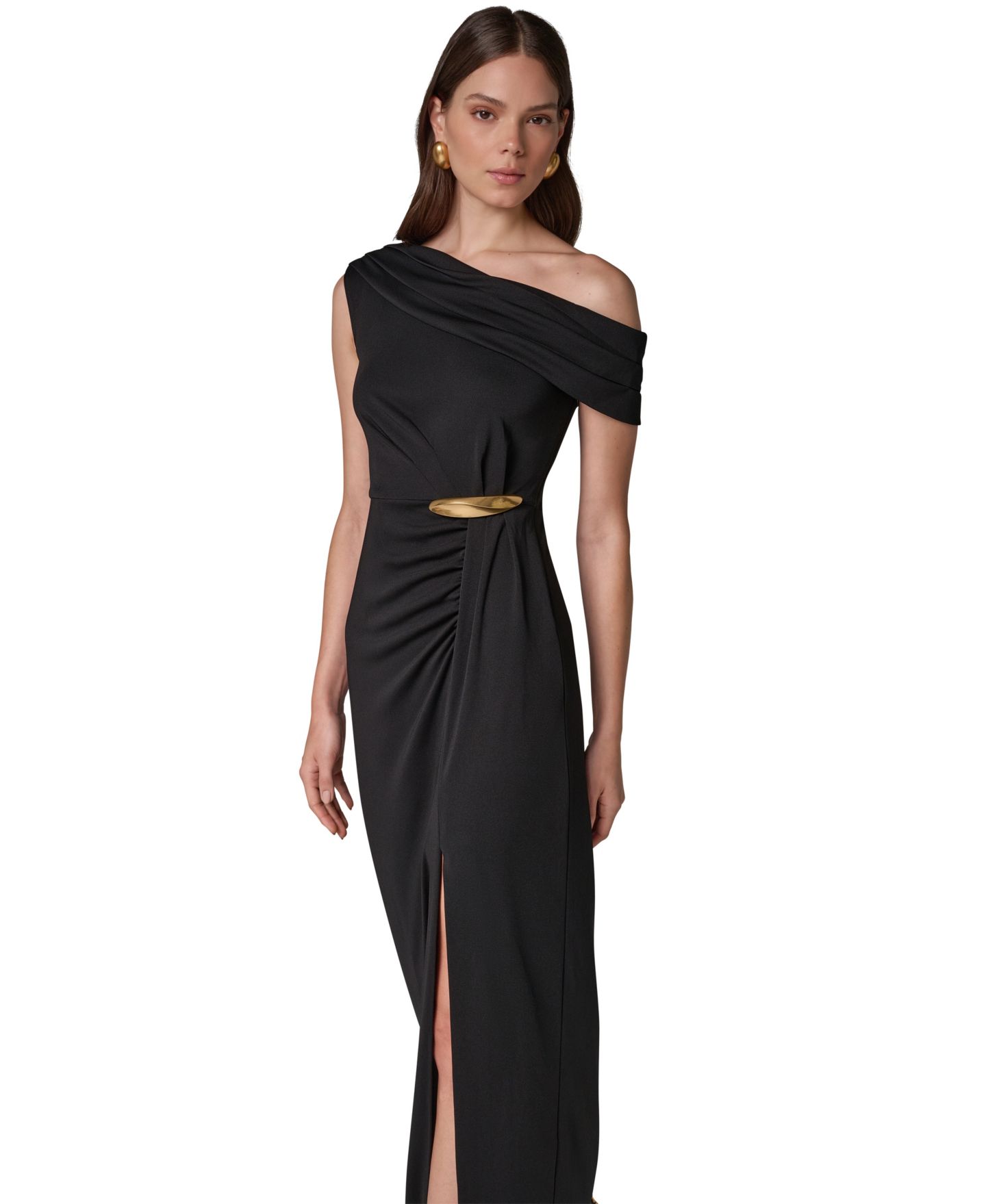Женское платье Donna Karan New York Asymmetric Off-the-Shoulder Ruched Waist Maxi, цвет: Чёрный — фото 2