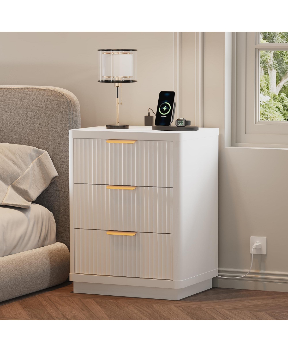 Gaomon Set of 2 Fluted Nightstand with Charging Station 3 Drawer Wooden Mid Century Modern End Table with Curved Corners for Bedroom Living Room