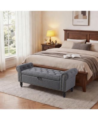 Storage Bench 51 Inch Upholstered Button Tufted Ottoman with Rolled Arms Safety Hinge Linen Fabric for Bedroom Entryway