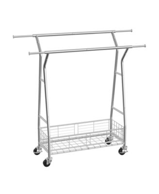Adjustable Rolling Garment Rack with Double Rods and Storage Basket for Laundry Room