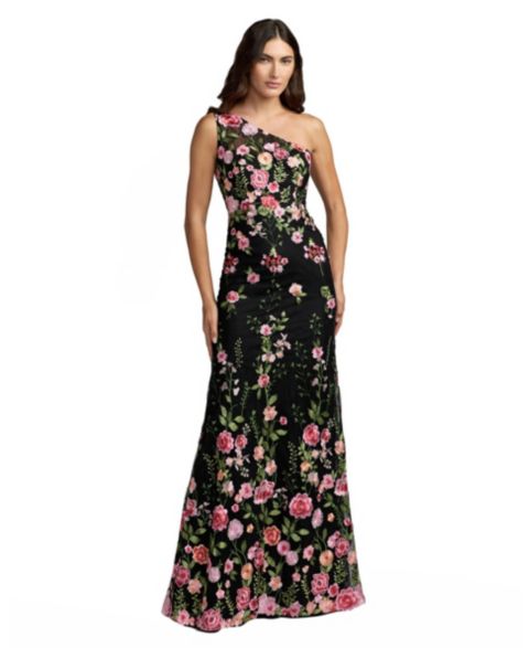 Женское платье Mac Duggal Petite One Shoulder Lace Embroidered Gown, цвет: Чёрный разноцветный