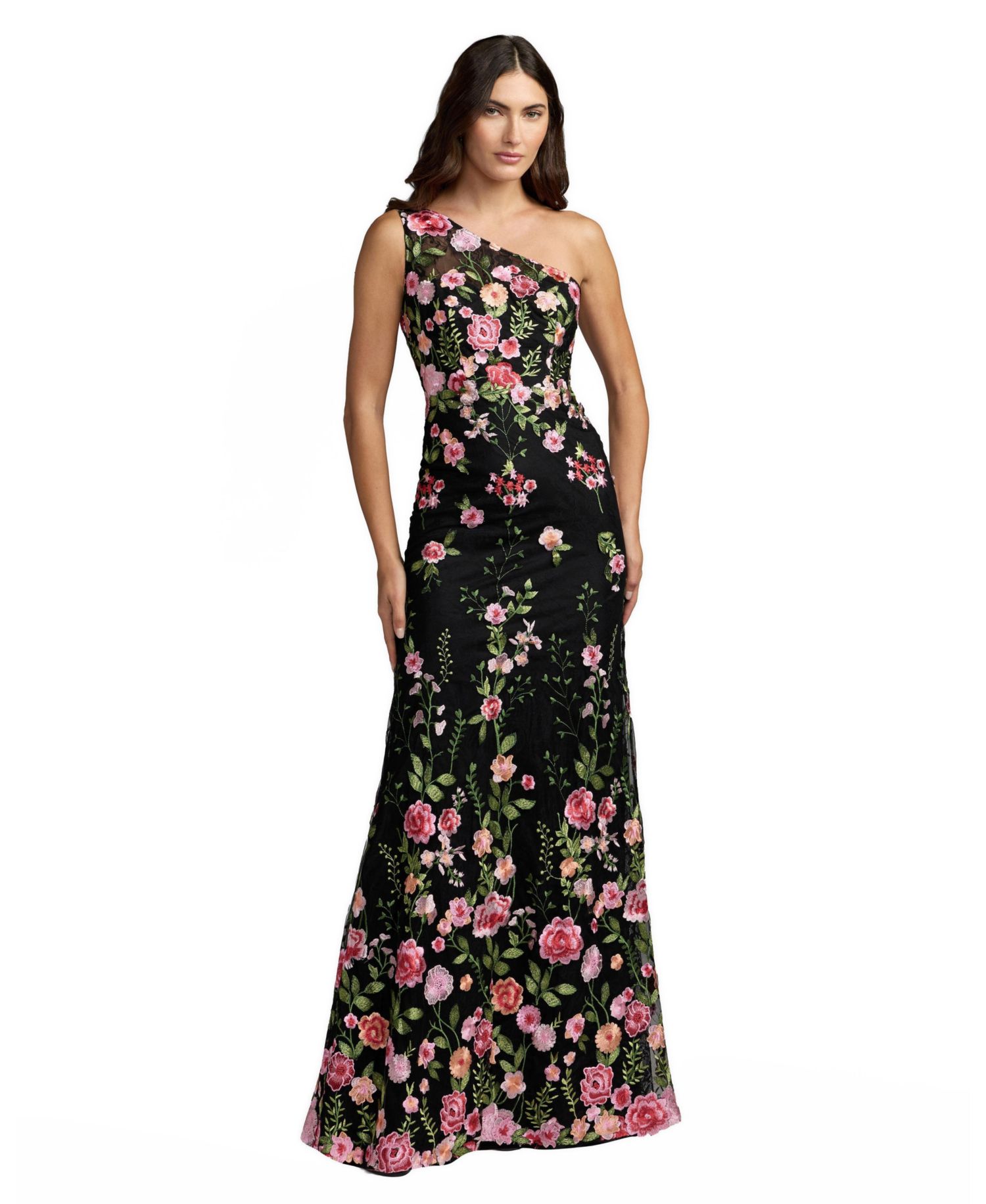 Petite One Shoulder Lace Embroidered Gown