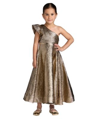 Little Girls One-Shoulder Metallic A-Line Maxi Dress