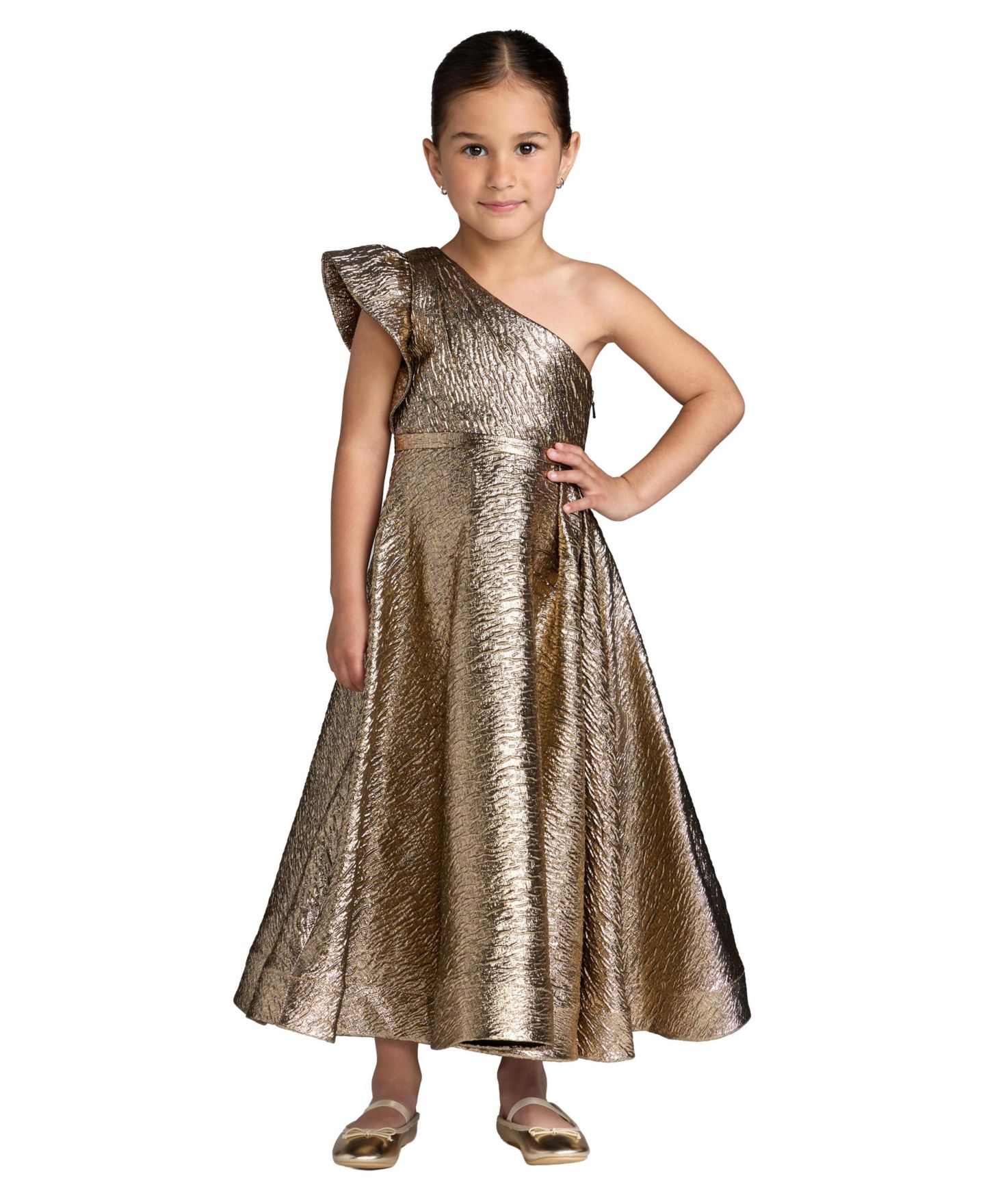 Платье Mac Duggal One-Shoulder Metallic A-Line Maxi Dress для девочек, цвет: Состаренный бронзовый — фото 1