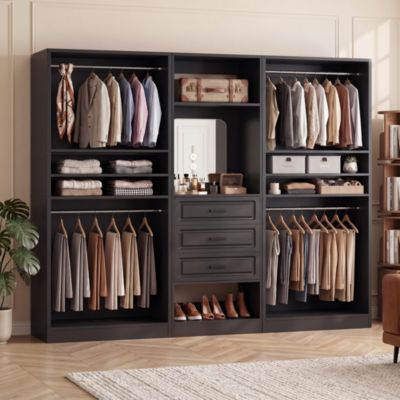 Closet System Set with Mirror and Shelves, Closet Organizer with Drawer