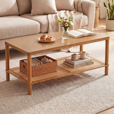 2-Tier Boho Rectangular Coffee Table with Rubber Wood Frame and Woven Storage Shelf