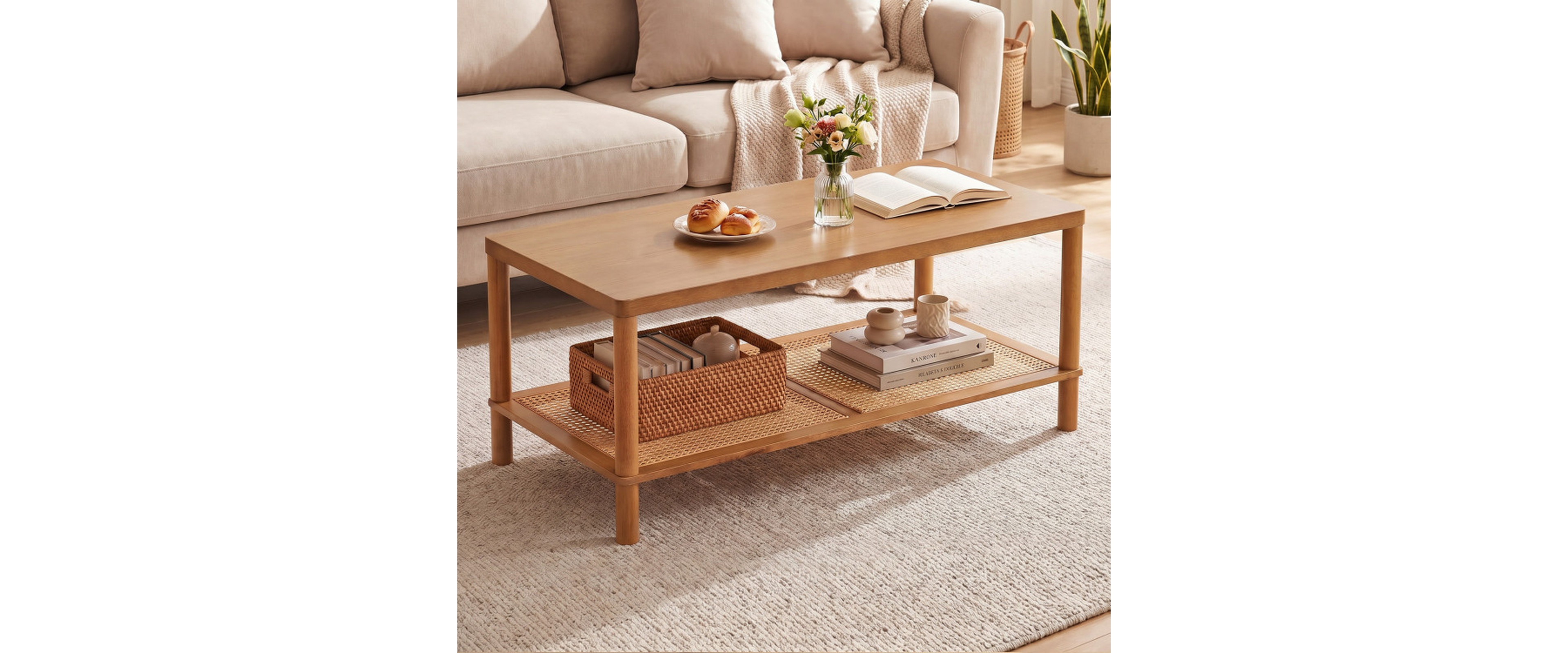 Sugift 2-Tier Boho Rectangular Coffee Table with Rubber Wood Frame and Woven Storage Shelf