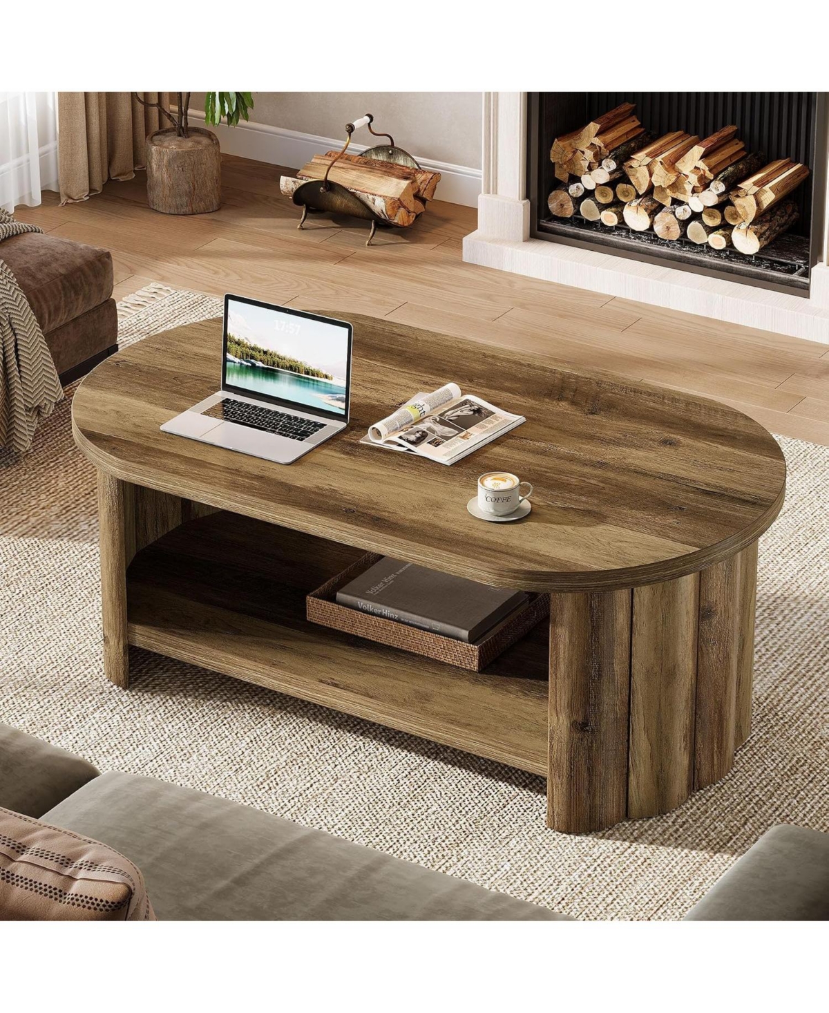 Tribesigns 47.24" Oval Coffee Table with Storage Shelf, Farmhouse
