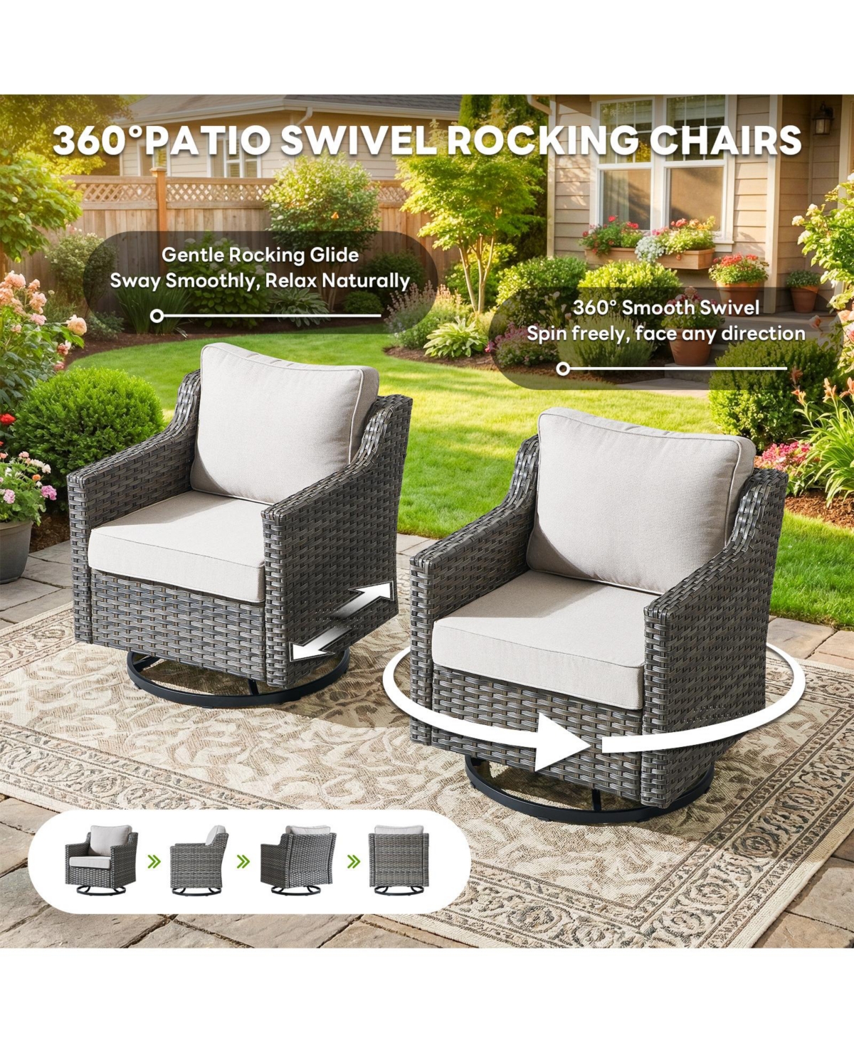 Pocassy 6pcs Patio Furniture Set Swivel Rocker Chairs,Pe Wicker Outdoor Sofa of 2 with Ottomans and Thick Cushion