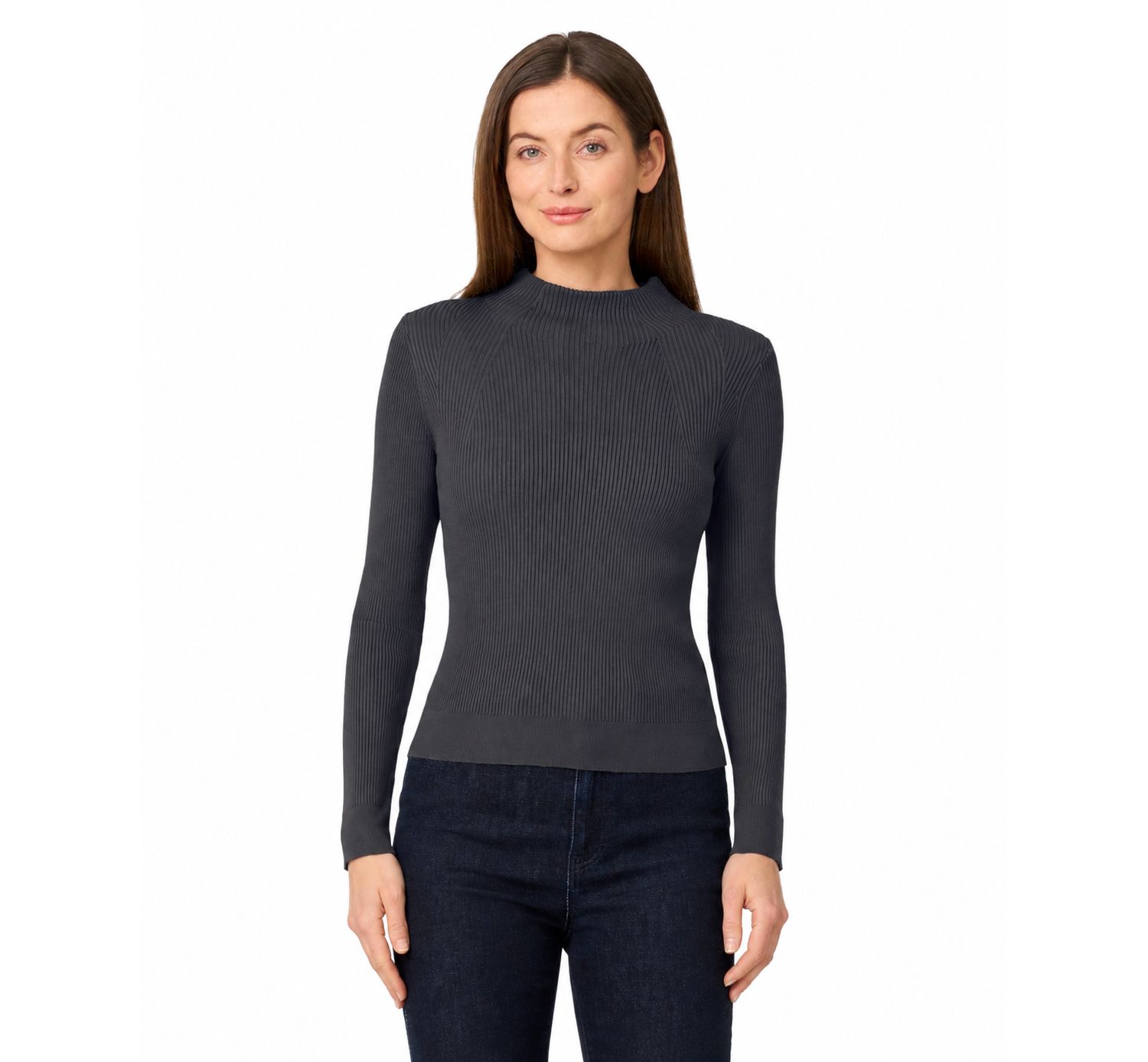 Women's Mock-Neck Long-Sleeve Rib-Knit Sweater