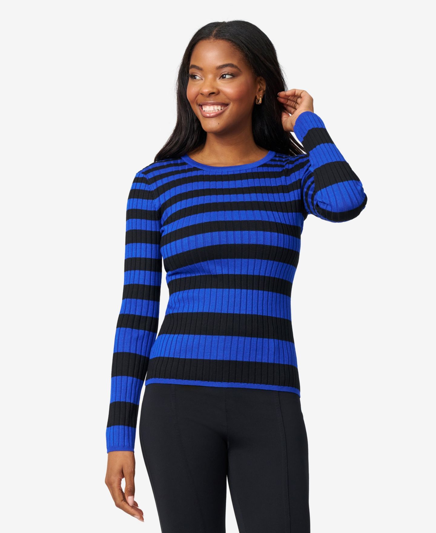 Женский свитер Melissa Paige Striped Ribbed Crewneck, цвет: Синий / Чёрный — фото 5