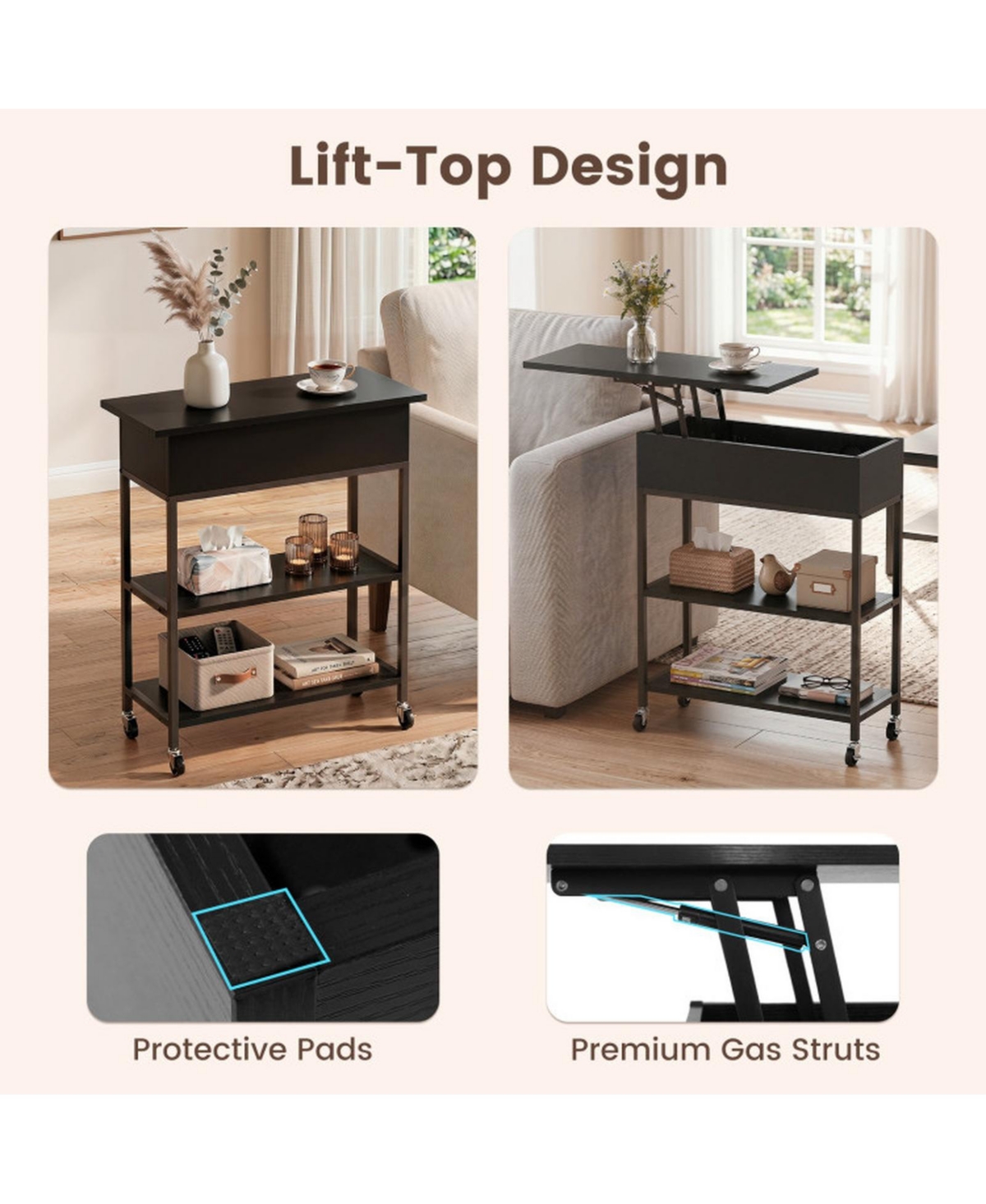 Sugift Lift Top End Table with Charging Station Hidden Compartment and Universal Wheels