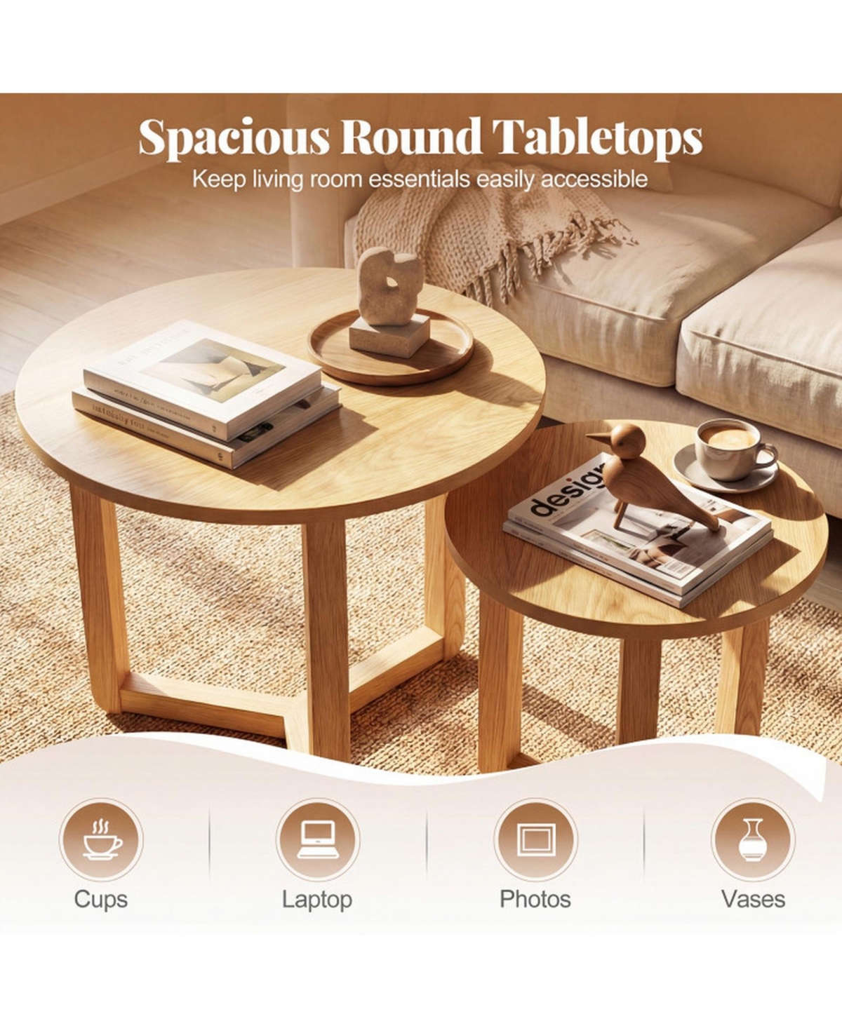 Sugift Round Nesting Coffee Table Set of 2 with Thickened Wood Tops and Tripod Legs