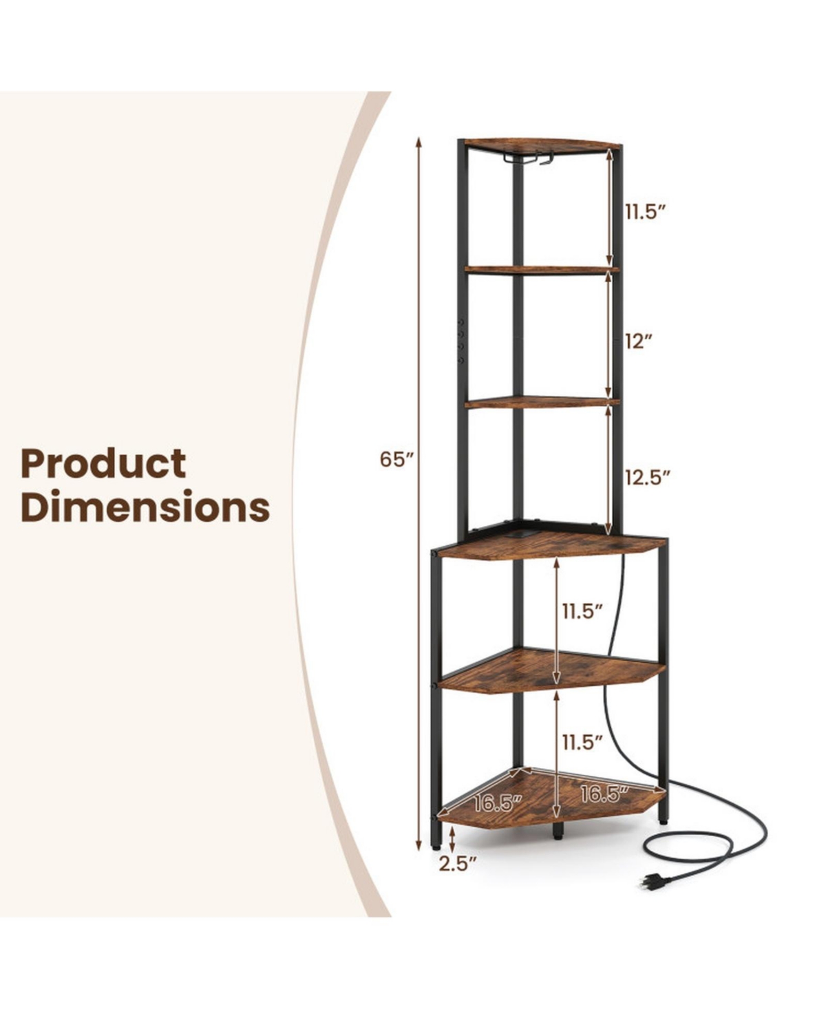 Sugift 65 Inch 6-Tier Corner Shelf with Charging Station Ambience Light and Stemware Rack