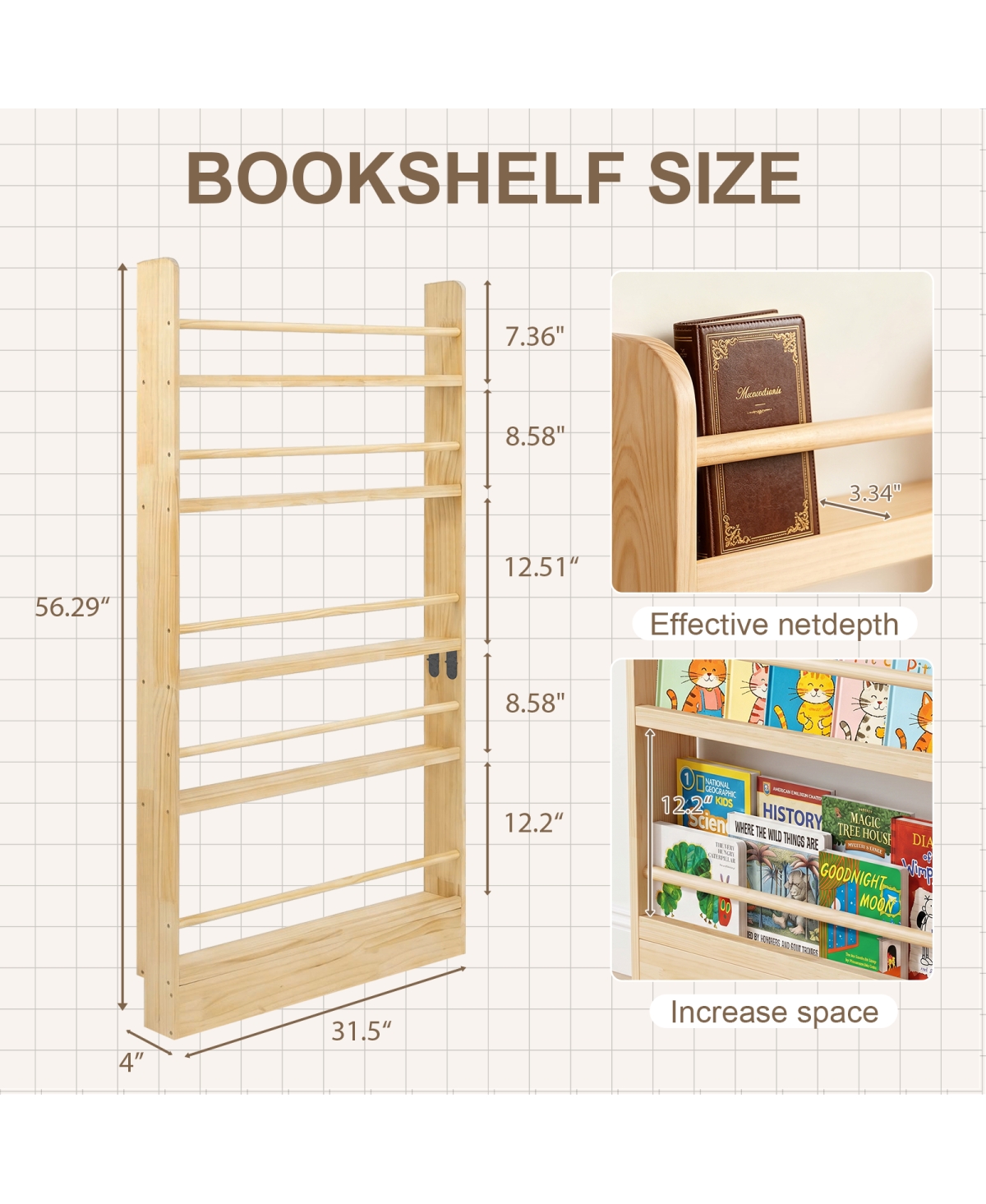 Streamdale Furniture 5-Tier Wooden Behind-the-Door Bookshelf