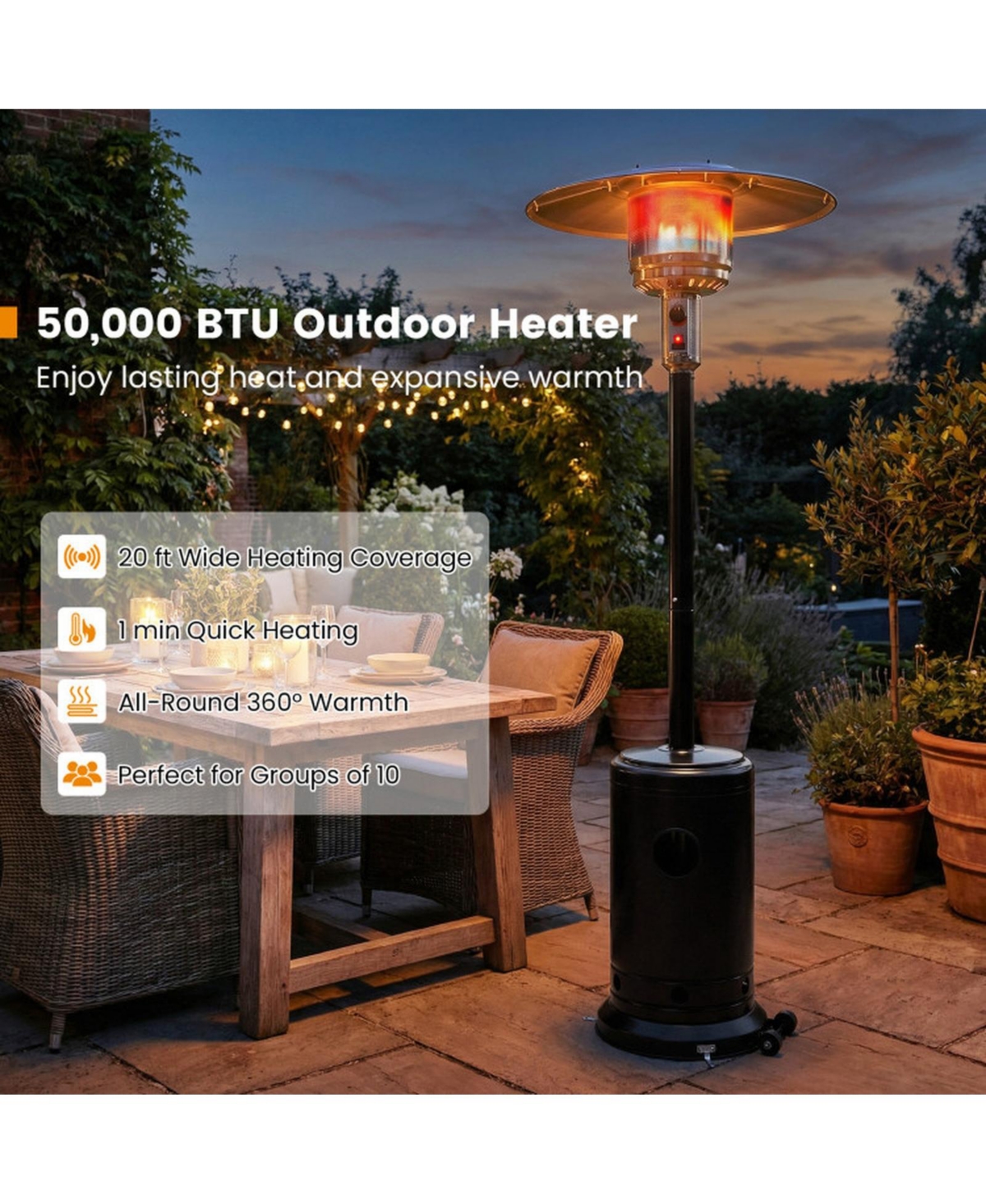 Sugift 50000 Btu Outdoor Propane Patio Heater with 20 feet Heat Coverage Stainless Burner