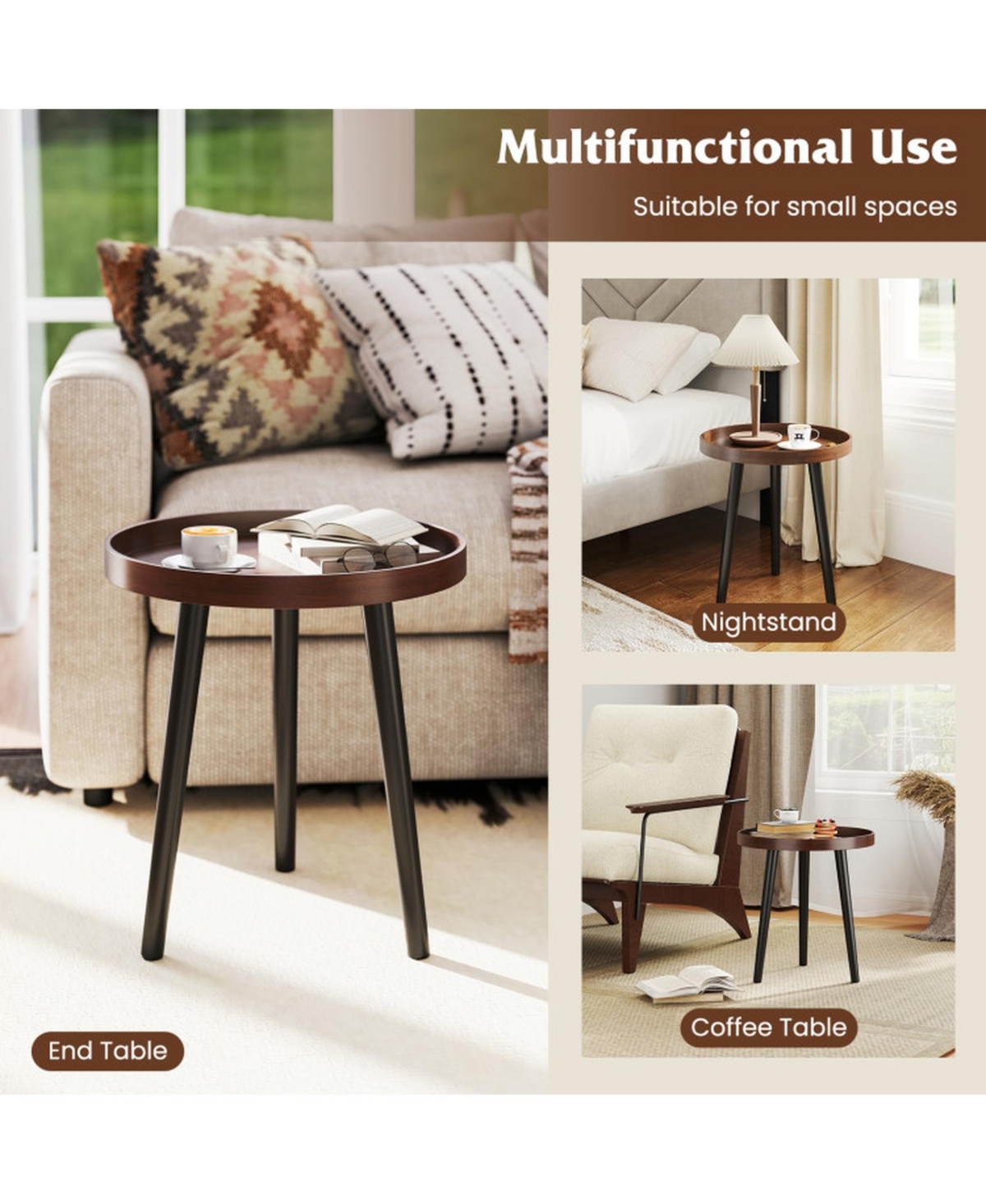 Sugift Mid-Century Round Side Table with Removable Wooden Tray Top and Bamboo Legs