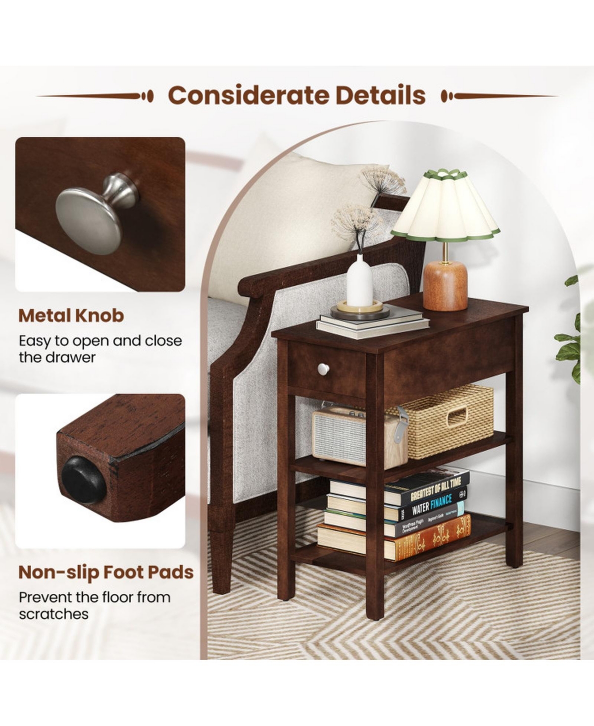Sugift 3-Tier Narrow End Table with Pull-Out Drawer and Storage Shelves