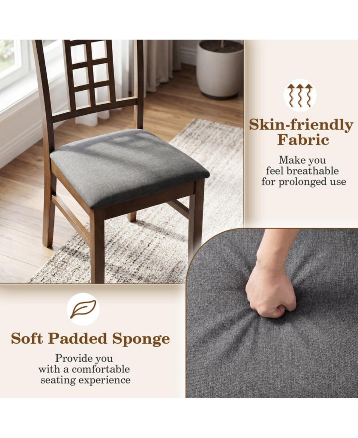 Sugift Lattice Back Dining Chairs Set of 2 Cushioned Linen Fabric Seats with Solid Wood Frame