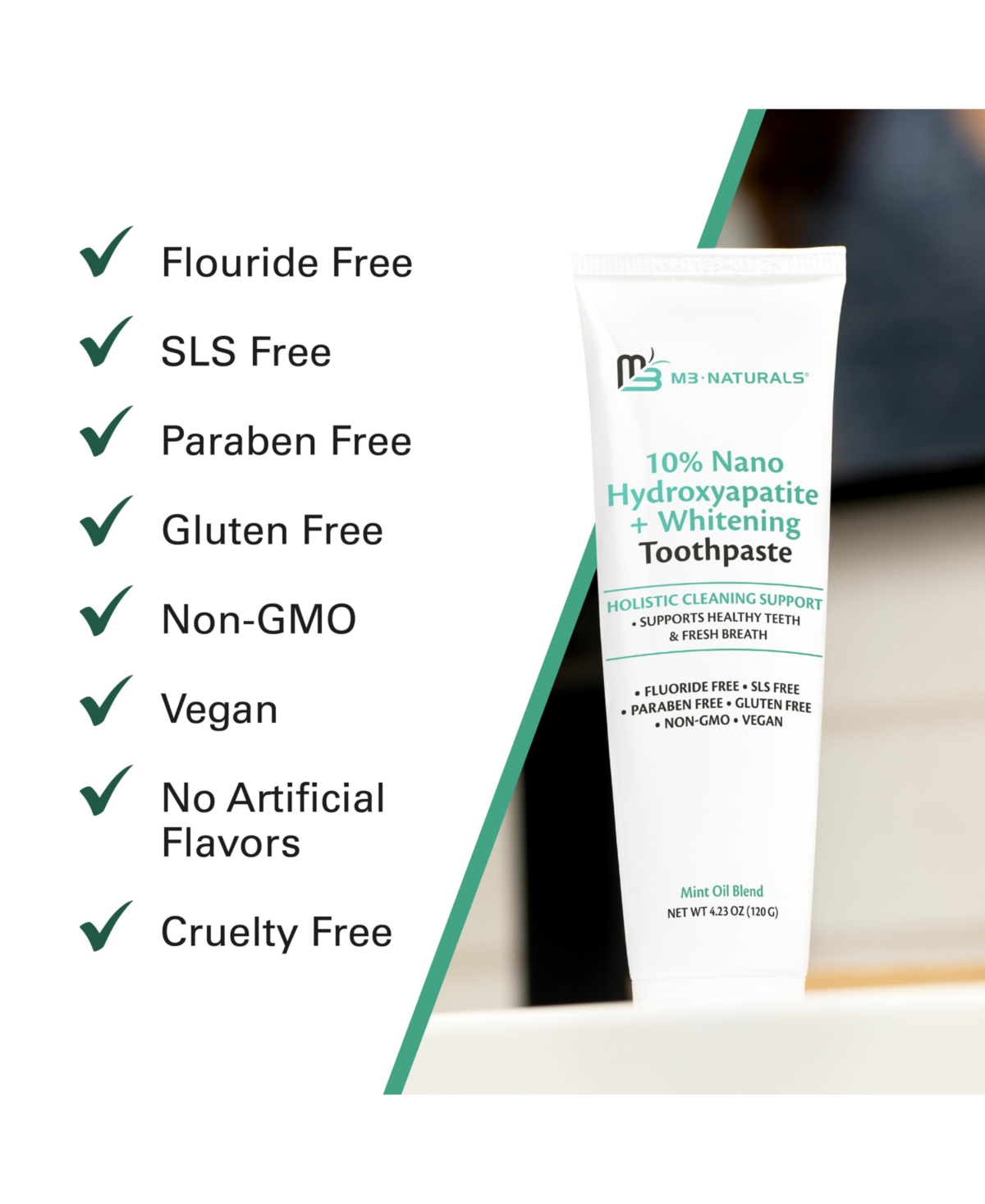 M3 Nano Hydroxyapatite Fluoride Free Whitening Toothpaste with Calcium, Mint and Spearmint 4.23 Ounce