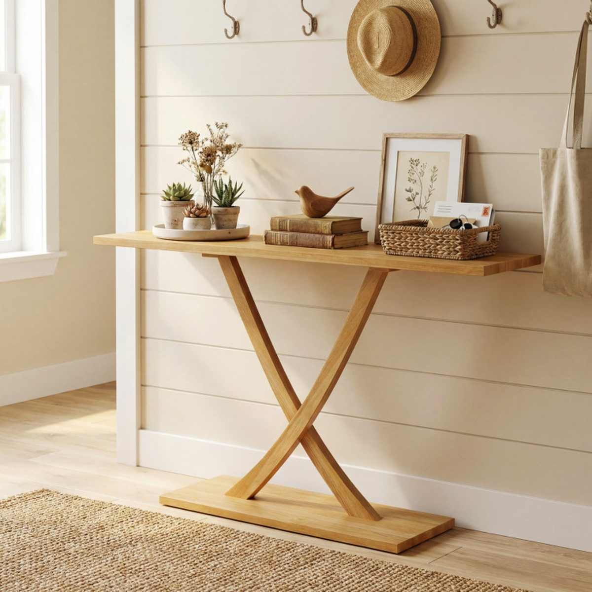 Sugift 57 Inches Solid Teak Wood Console Table with Geometric Open Frame for Entryway