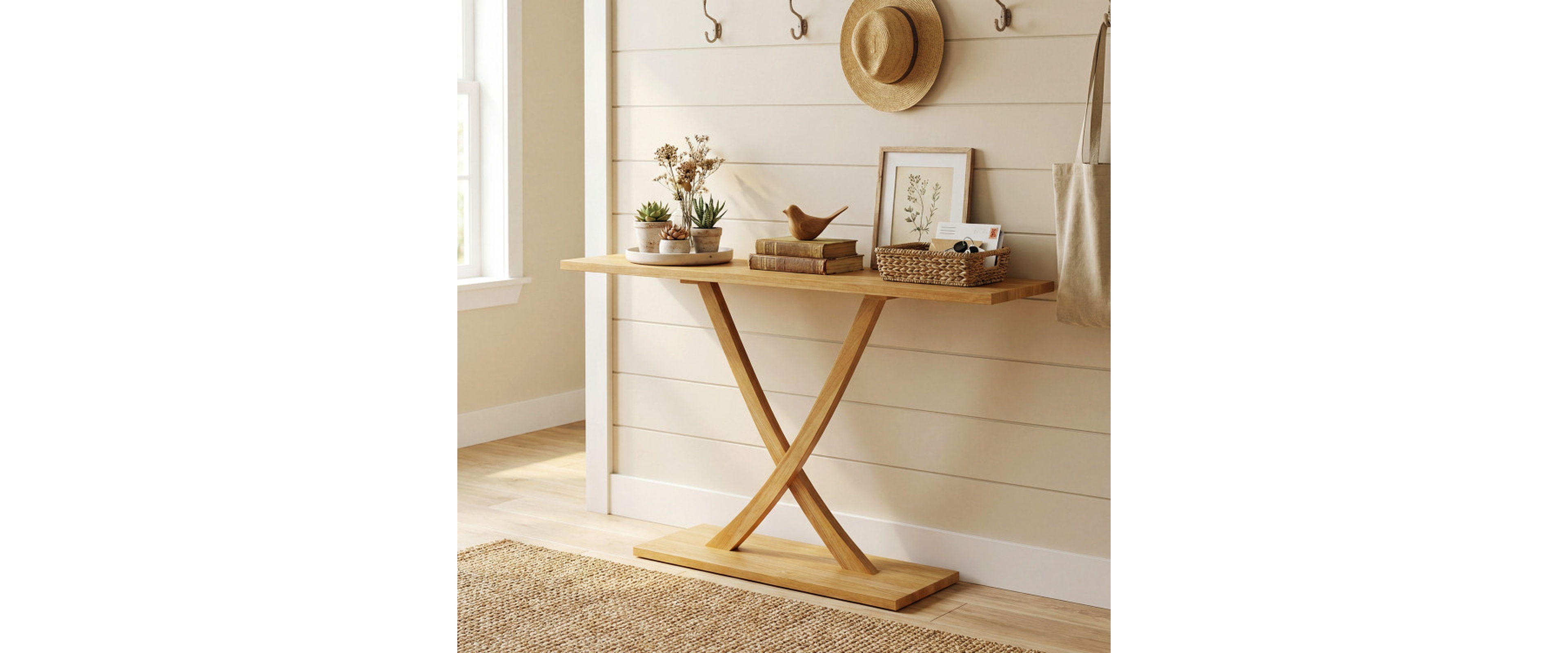 Sugift 57 Inches Solid Teak Wood Console Table with Geometric Open Frame for Entryway