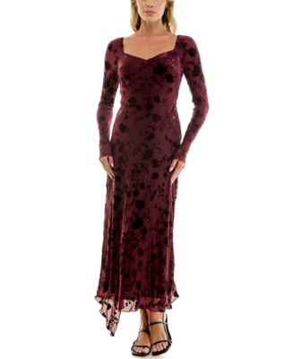 Juniors' Long-Sleeve V-Neck Velvet-Burnout Midi Dress