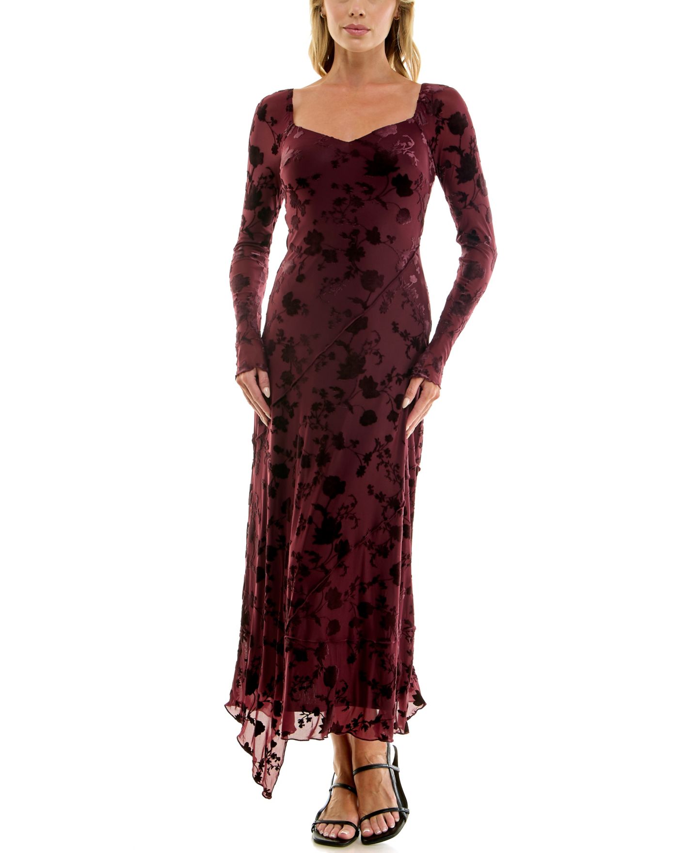 Женское платье ROW A Juniors' Long-Sleeve V-Neck Velvet-Burnout Midi, цвет: Бордовый — фото 1