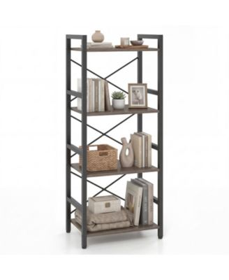 Narrow 4-Tier Bookshelf with X-Braced Metal Frame and Safety Side Rails
