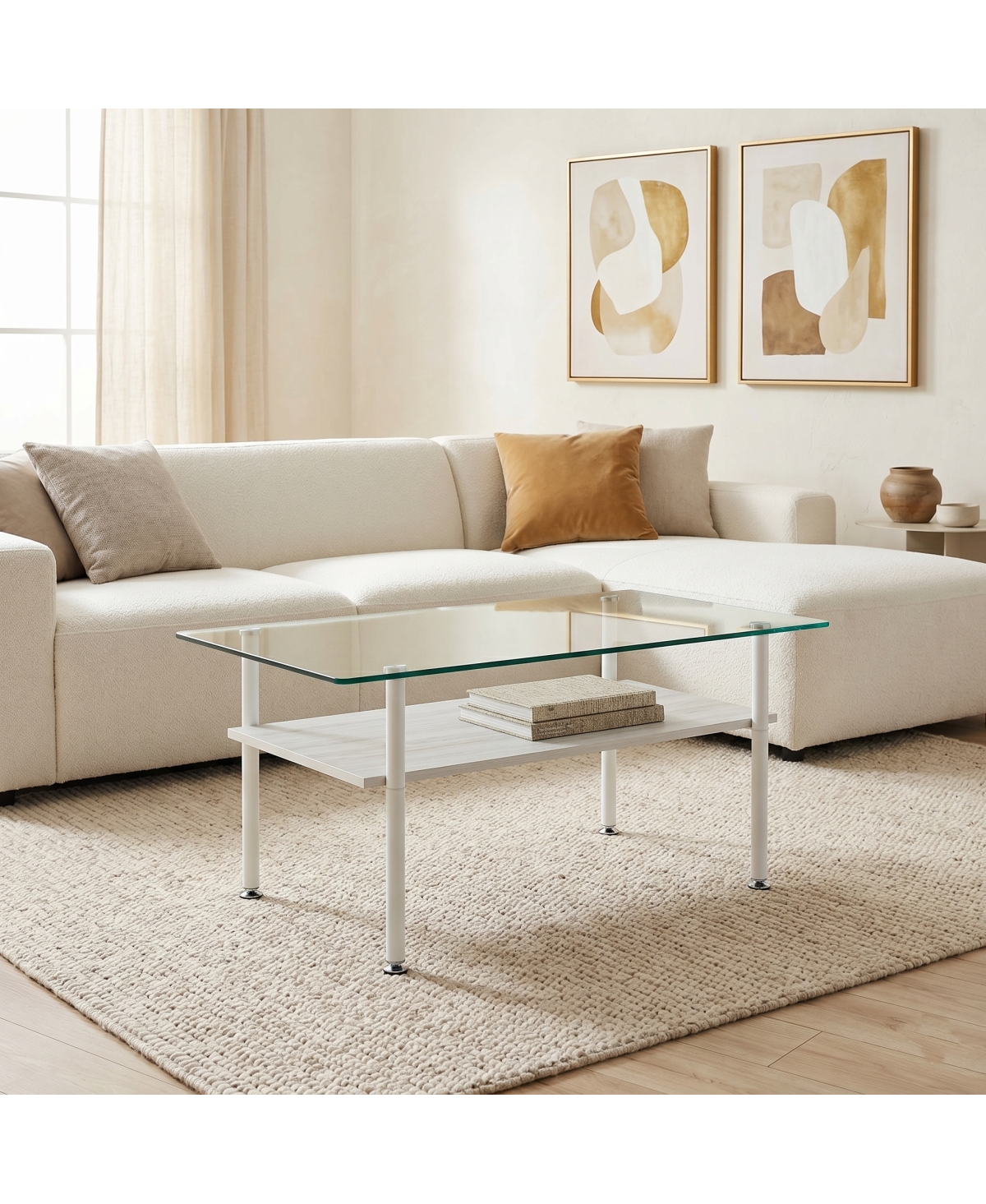 Streamdale Furniture Modern Glass Coffee Table with Wood Shelf and White Metal Legs