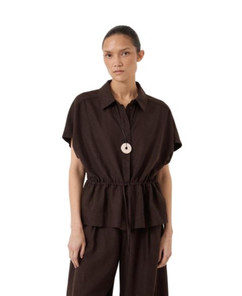 Женская рубашка Hush Mirai Linen-Blend Short-Sleeve Button-Up, цвет: Тёмный коричневый