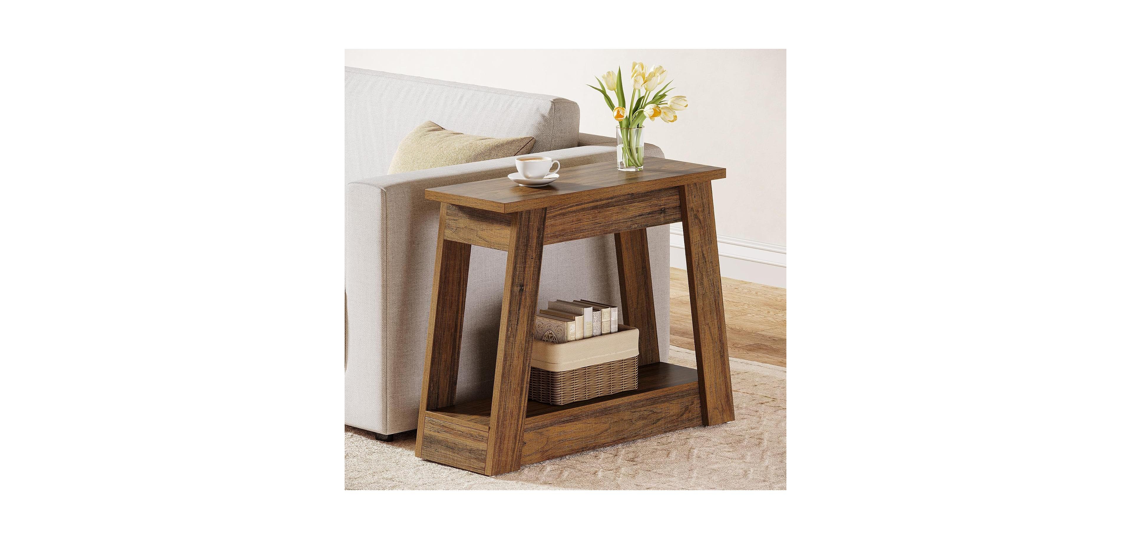 Tribesigns Wood End Table with 2 Storage Shelves