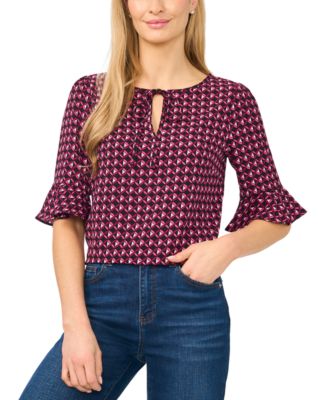 Women's Split-Tie-Neck 3/4-Sleeve Ruffle-Cuff Blouse