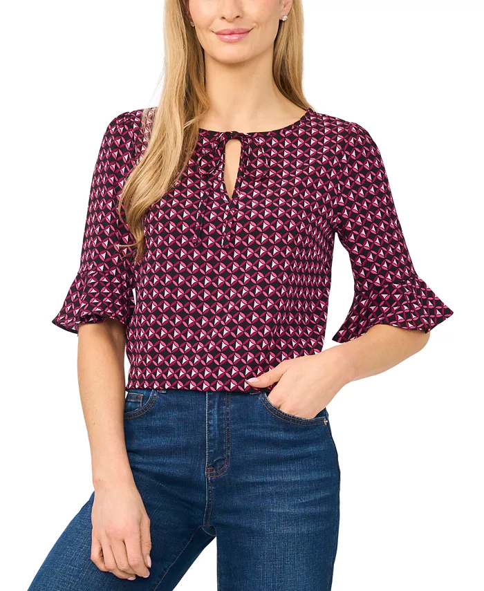 Women's Split-Tie-Neck 3/4-Sleeve Ruffle-Cuff Blouse - thumbnail 5